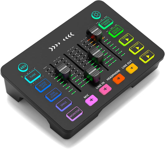 4K Video Capture Card with Audio Mixer, 1080P 60fps Streaming, 4K Zero-Latency Loop Out, XLR/48V Phantom Power, Voice Changer, RGB, 4 Faders, Plug & Play for Gaming/Podcast/Recording