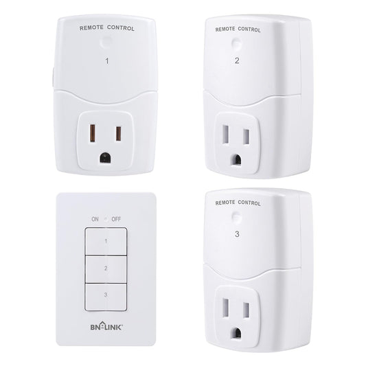 BN-LINK Mini Wireless Wall-Mounting Remote Control Outlet Switch Power Plug in for Household Appliances, Wireless Remote Light Switch, LED Light Bulbs, White (3 Outlets)