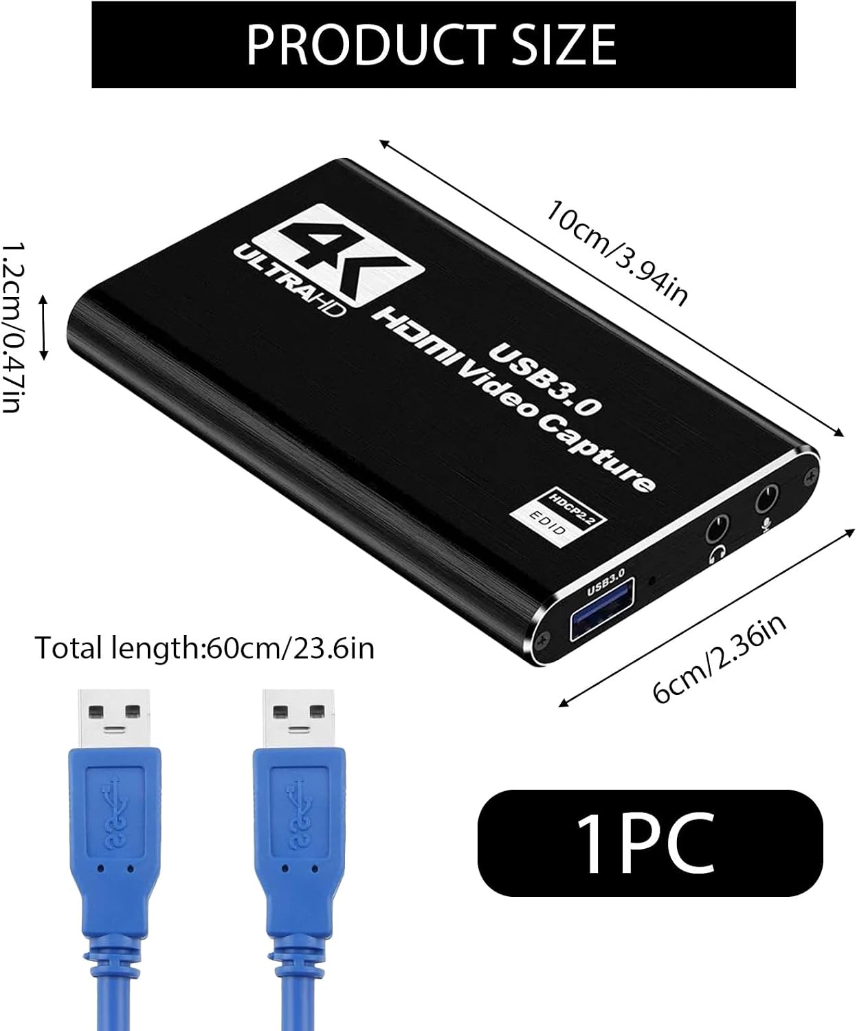 4K HDMI Video Capture Card for Streaming, 1080P 60FPS USB 3.0 Game Capture Device with Audio, Zero-Lag Capturadora De Video for Nintendo Switch PS5 Xbox PC OBS Live Recording