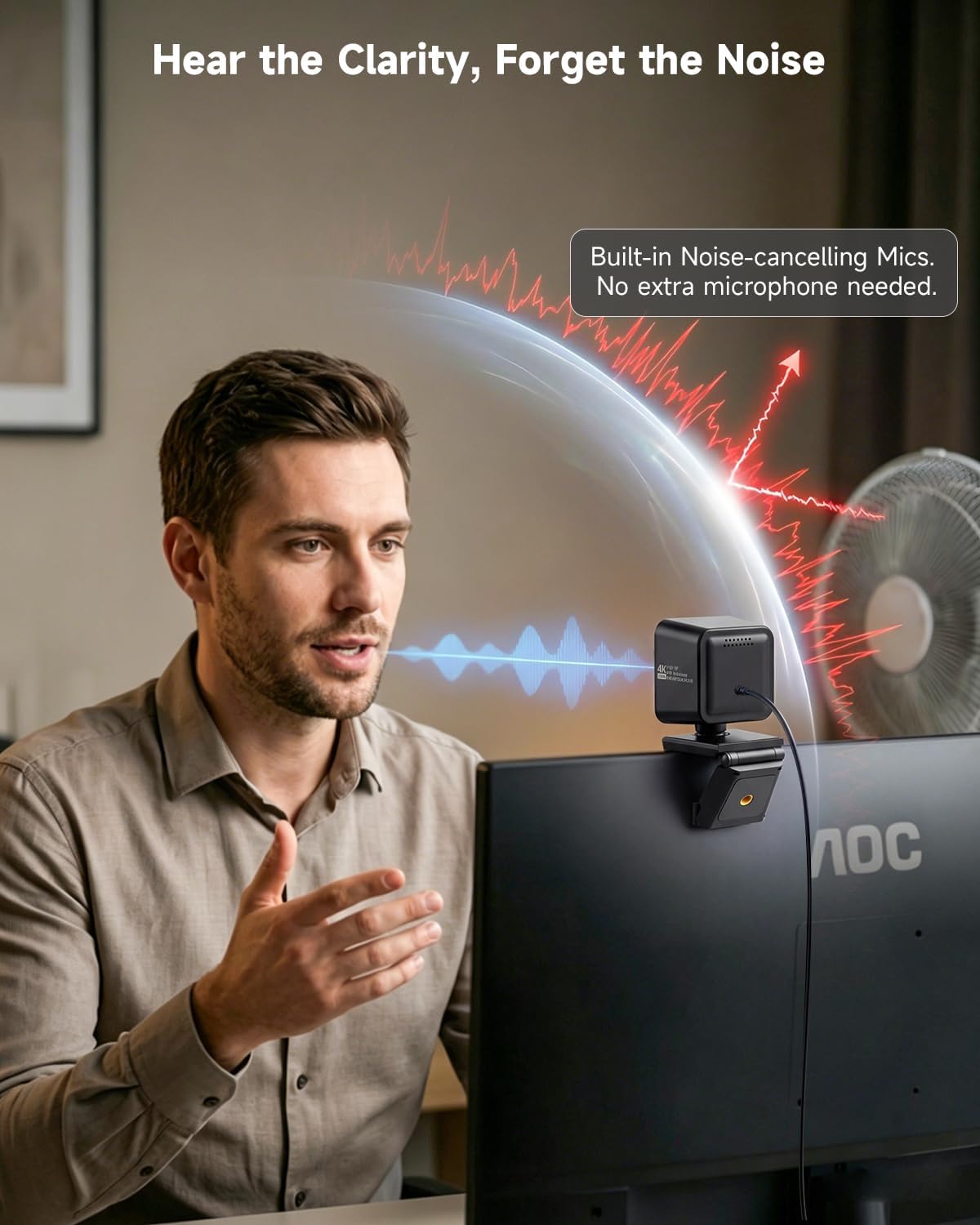AOC 4K Webcam for PC, Sony Sensor, 1080P 60FPS Streaming Camera with PDAF | Computer Camera for Zoom/Mac/Switch 2, Privacy Cover, Plug & Play, 75° FOV, Tripod, USB A-C Adapter Included