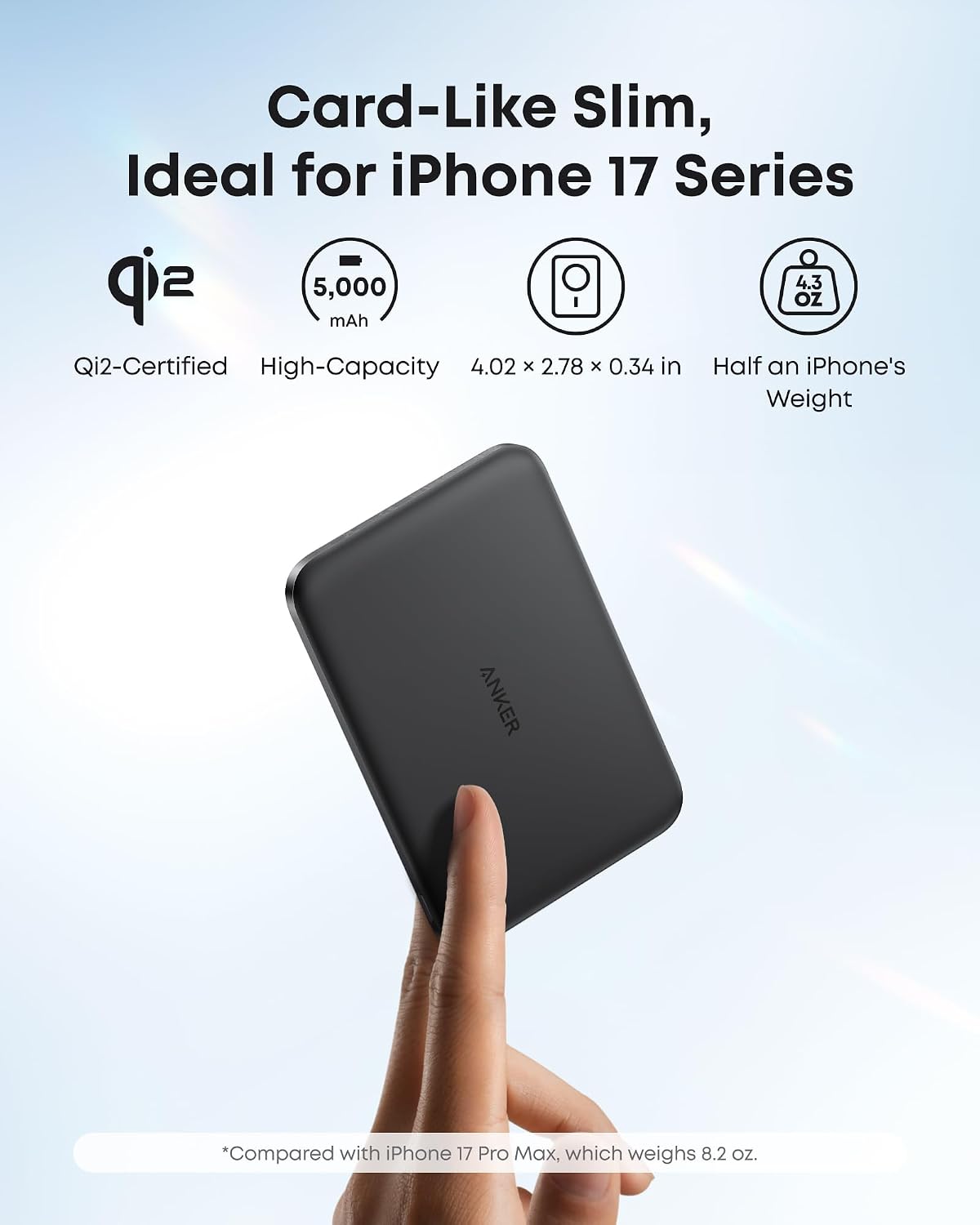 Anker Nano Magnetic Power Bank, 5,000mAh Qi2-Certified 15W Portable Charger | Ultra-Slim Wireless Battery Pack with Ergonomic Design, Compact for Travel, for iPhone 17 / 16 Series and More