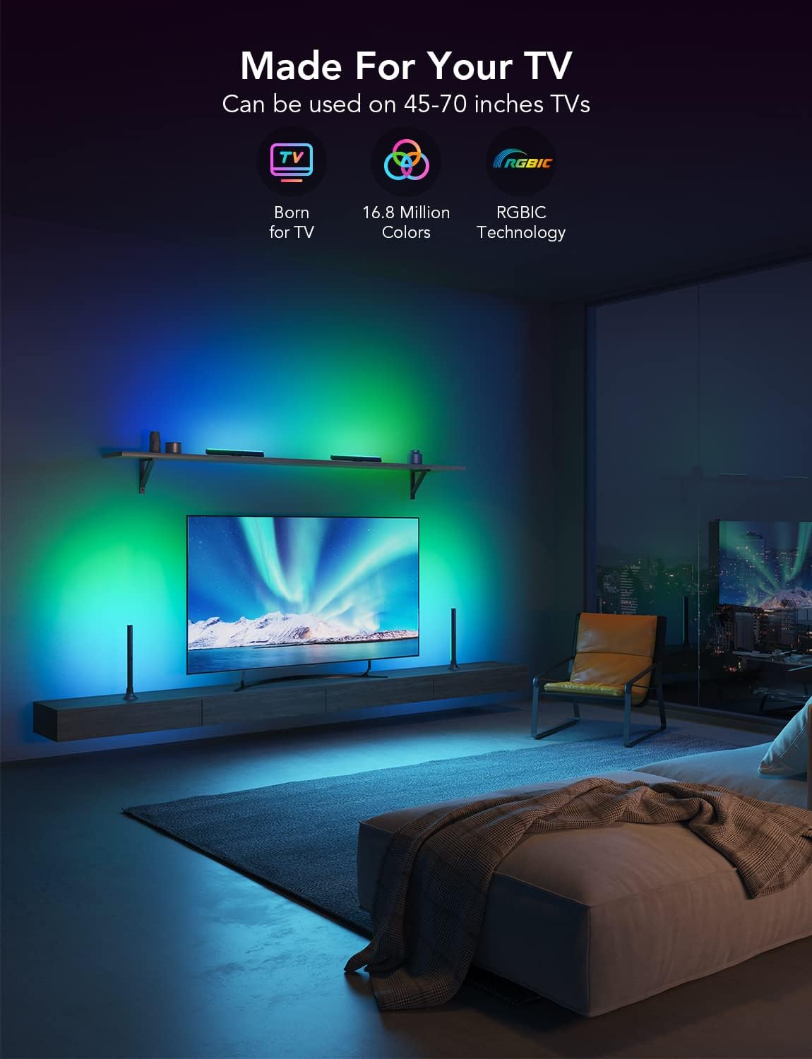 Govee RGBIC Light Bars, 15 Inches WiFi TV Backlight Suitable for 45-70 inch TVs, Smart Light Bars with Multiple Placement Options, Work with Alexa and Google Assistant, Black