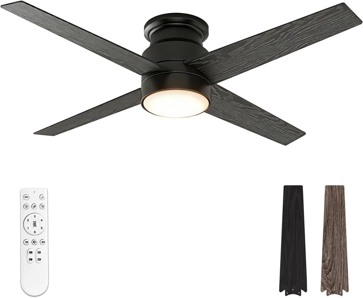 warmiplanet Flush Mount Ceiling Fans with Lights and Remote Control, 52-Inch, Black, 4-Blades