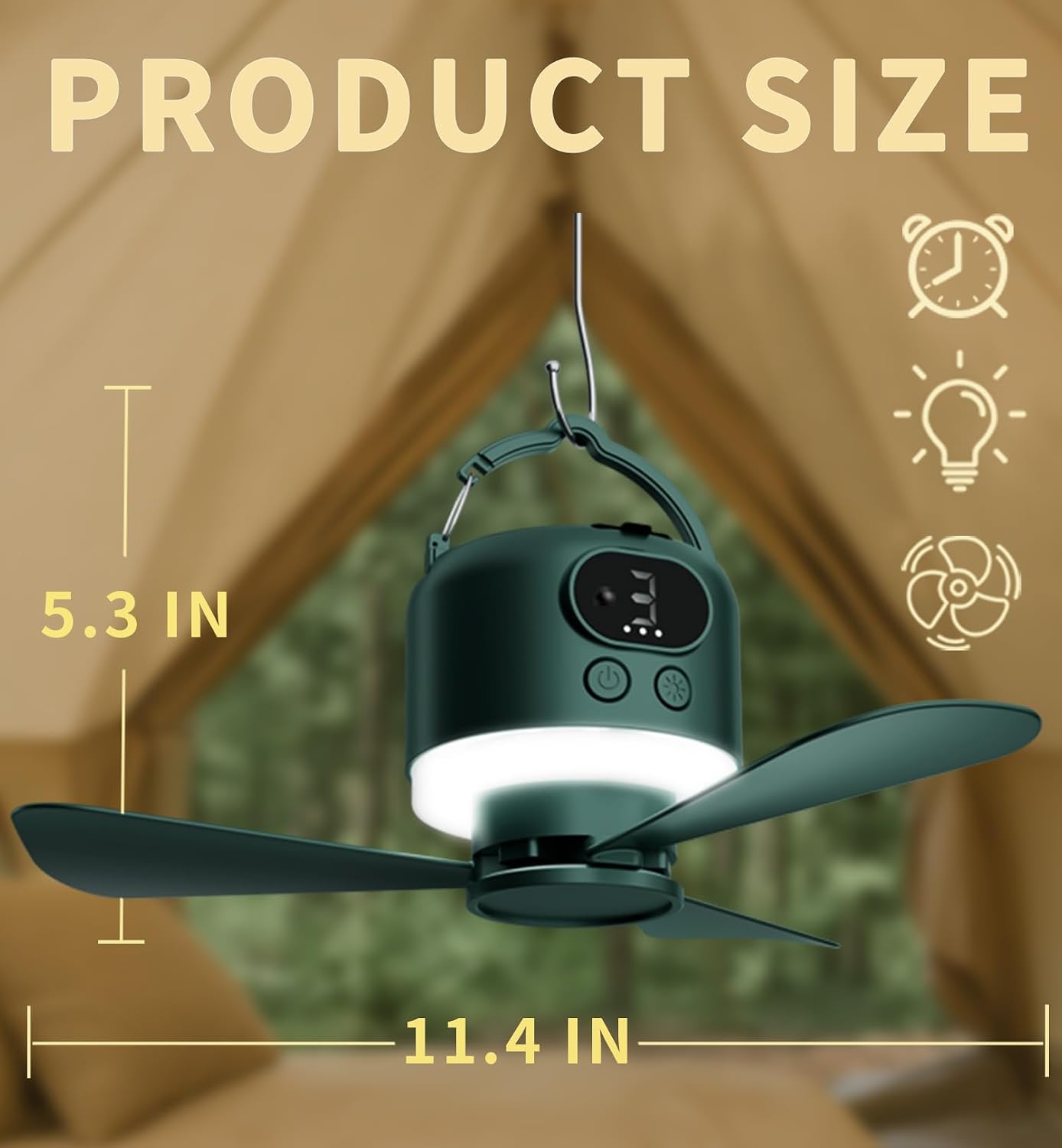 11" Tent Fan with Light & Remote, Camping Ceiling Fan with 10040mAh Rechargeable Battery, Portable Hanging Fan for Tent, RV, Canopy, Outdoor Camping (Green, Centimeters, 28.9)