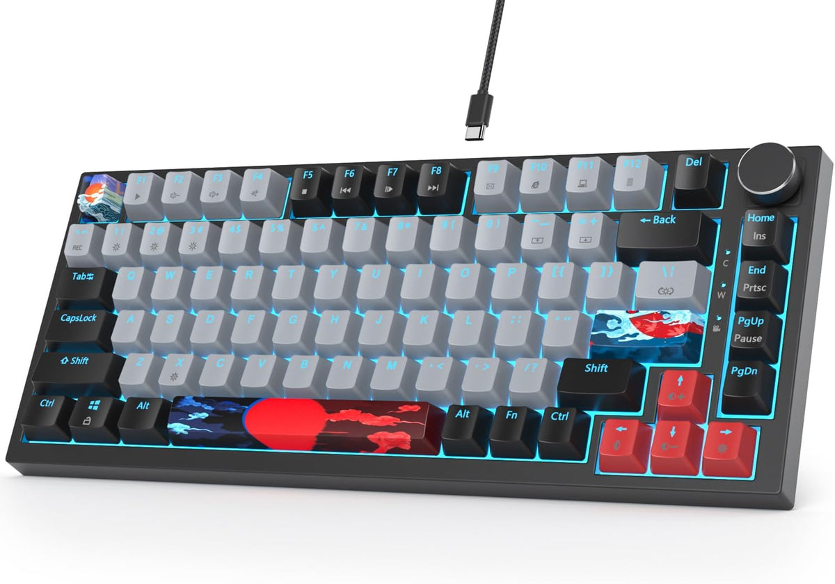 Fogruaden Wired 75% Mechanical Keyboard, Hot Swappable Gasket Mount With Red Switch, RGB Backlit 82 Keys TKL, NKRO Compact Gaming With Knob (Dolch)
