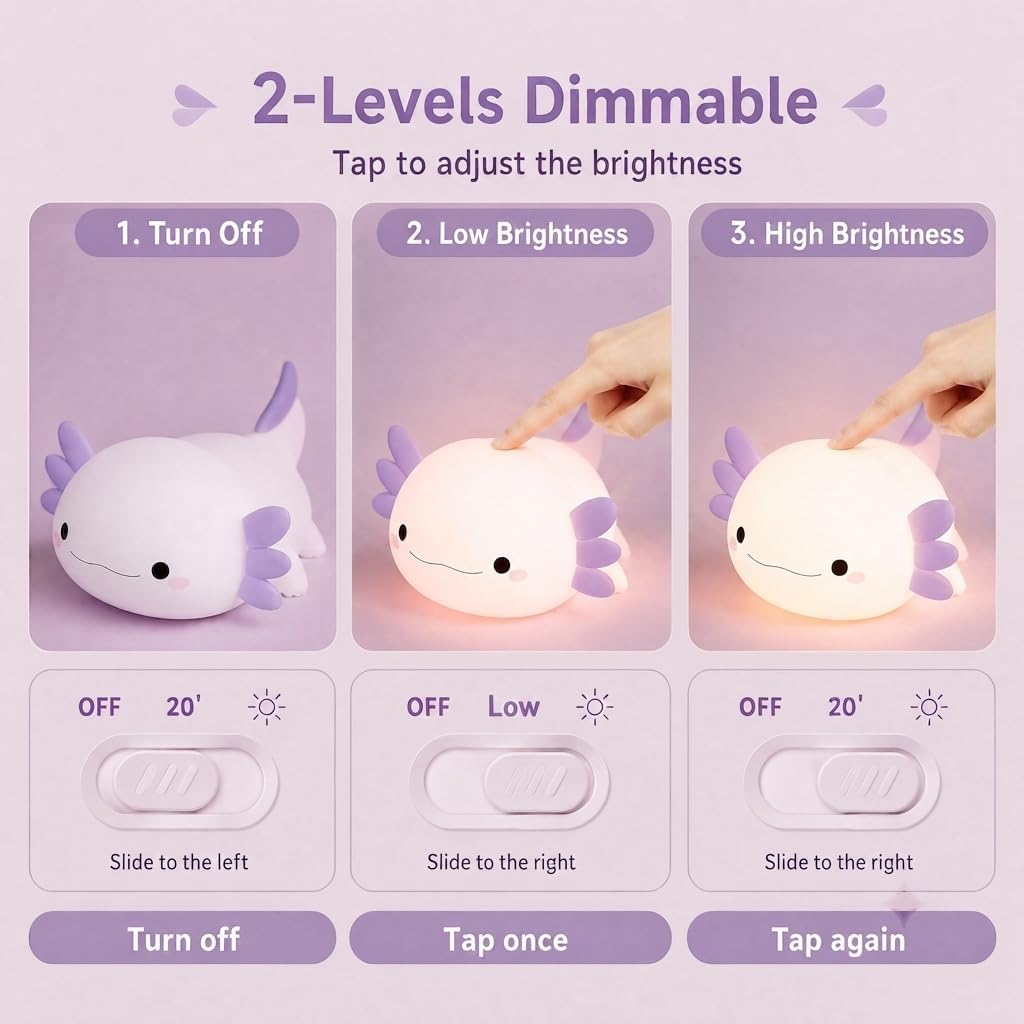 Purple Axolotl Night Light for Kids, Squishy Silicone Nursery Lamp | Touch Control, 24-Hour Battery, 20-Min Timer, 3000K Warm LED, BPA-Free Silicone, Baby Nursery Decor, Gift for Kids