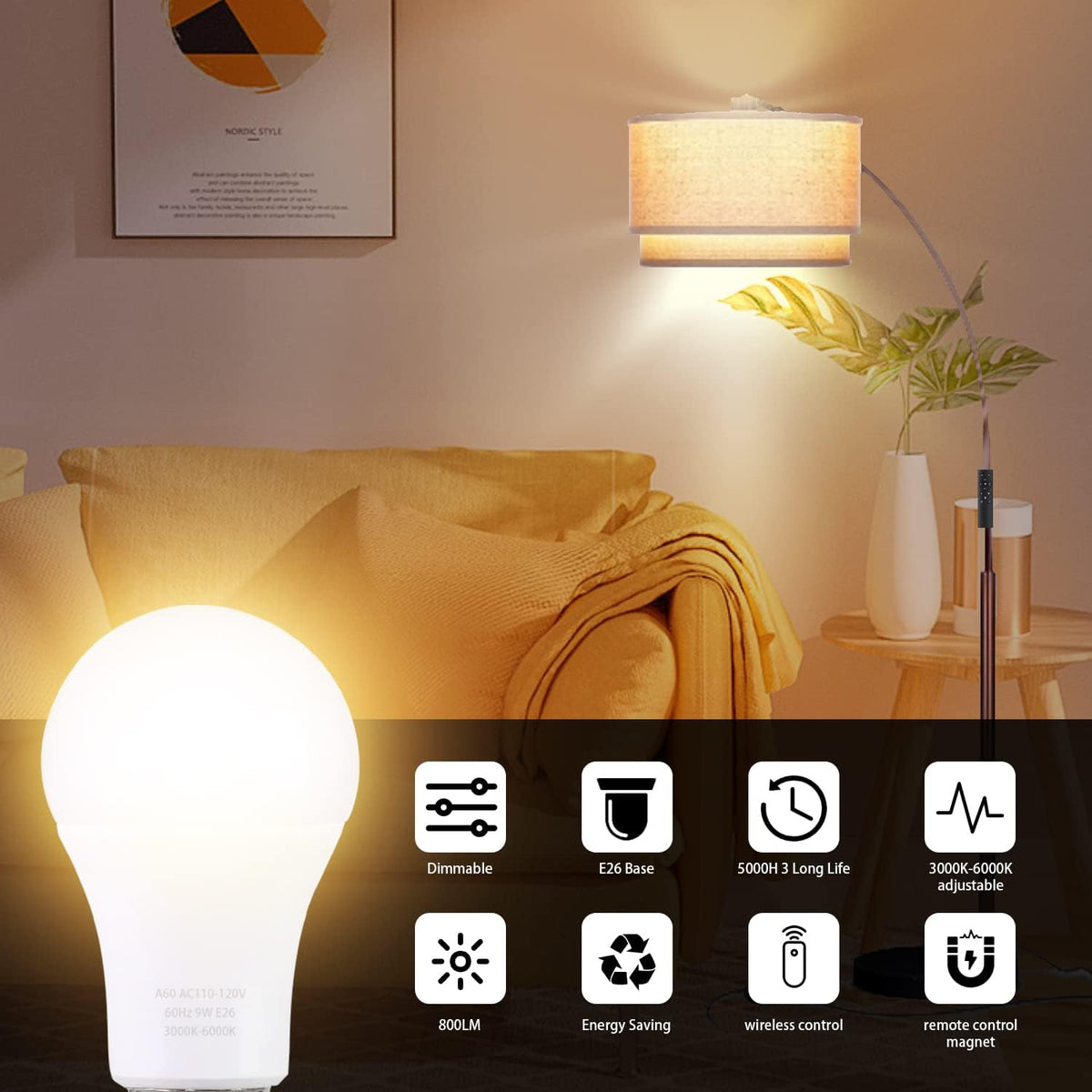A19 LED Light Bulbs with Remote Control, 800LM 9W, 60W Equivalent LED Bulbs,Stepless Dimmable 3000K-6000K,E26 Base,CRI 80+,2.4GHz,25000+ Hours Lifespan,Light Bulb for Home Decor,1Bulb&1Remote