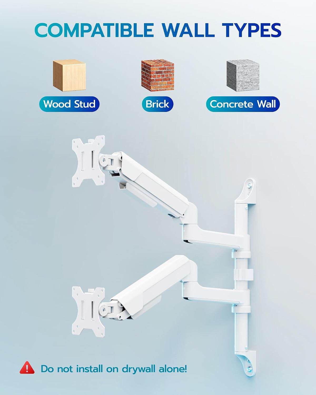ARES WING 17-40 Inch Ultrawide Vertical Dual Monitor Wall Mount, White | Heavy Duty Monitor Arm Up to 26.4 lbs, Fully Adjustable Wall Mount, VESA 75x75/100x100 Compatible
