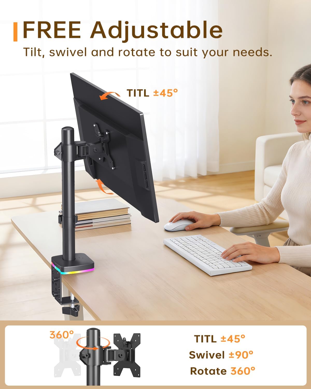 Afaloona RGB Monitor Stand with USB Hub for 13-27" Monitors, up to 17.6 lbs | Single monitor mount with 1 USB-C and 2 USB-A ports supports charging and data transfer for gaming desks and workstations