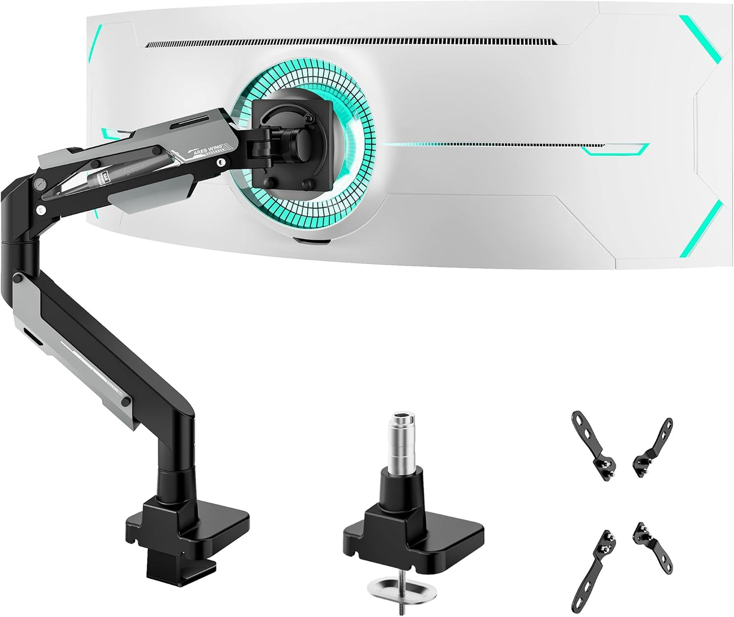 ARES WING Heavy Duty Monitor Arm for 24-57 Inch Screens, Black | Gas Spring Aluminum Monitor Mount for Ultrawide Screens up to 66 lbs with Clamp/Grommet Desk Mount, 75/100/200 Vesa Mount