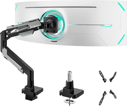 ARES WING Heavy Duty Monitor Arm for 24-57 Inch Screens, Black | Gas Spring Aluminum Monitor Mount for Ultrawide Screens up to 66 lbs with Clamp/Grommet Desk Mount, 75/100/200 Vesa Mount