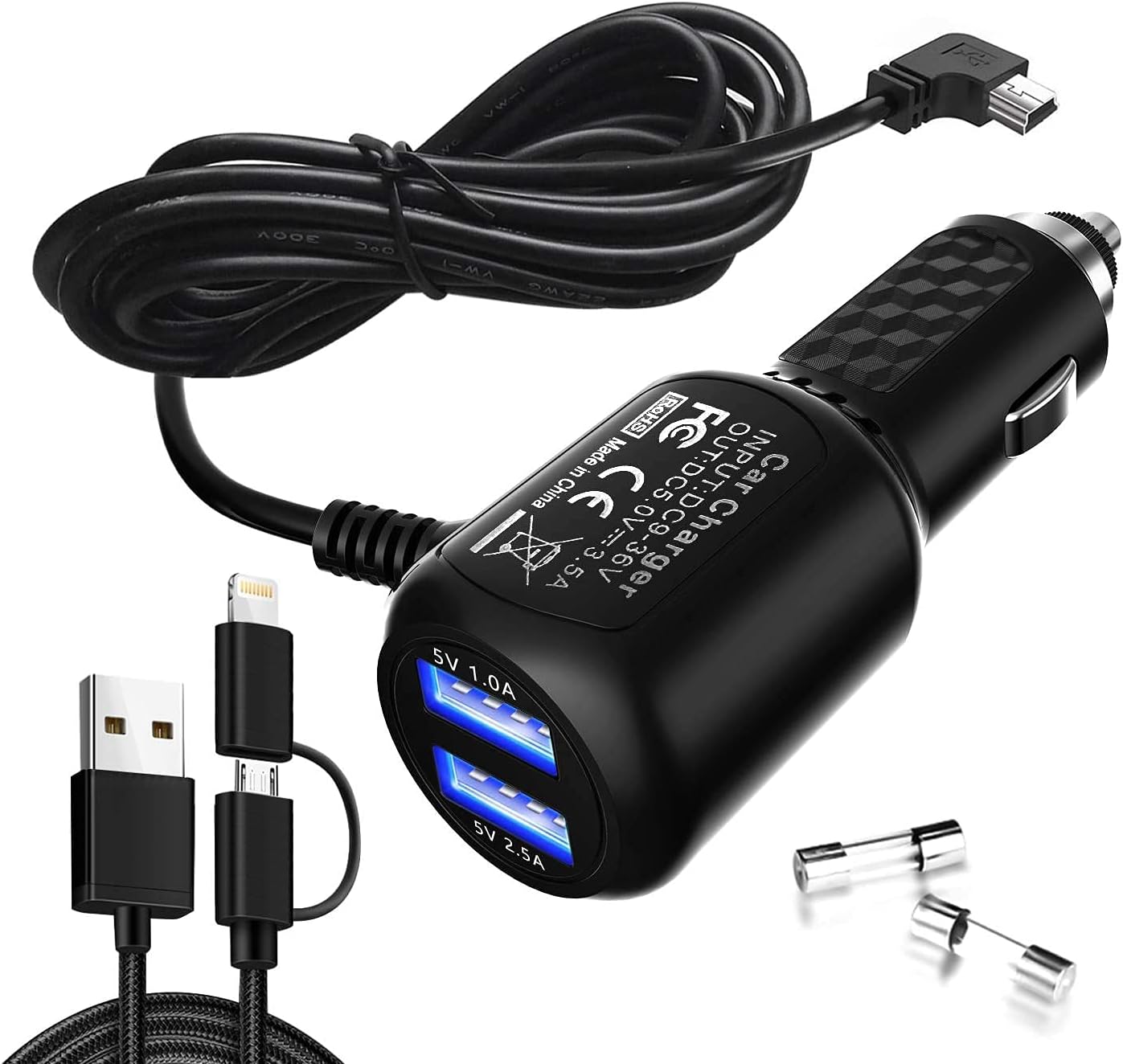 Car Charger for Garmin Nuvi,Garmin GPS Charger Cable,Mini USB Power Cord | Dual Port USB Vehicle Power Charging Cable Cord for Garmi Nuvi C255 52lm Drive 50lm Nuvi 1200 Nulink 1695 DriveLuxe Dashcam