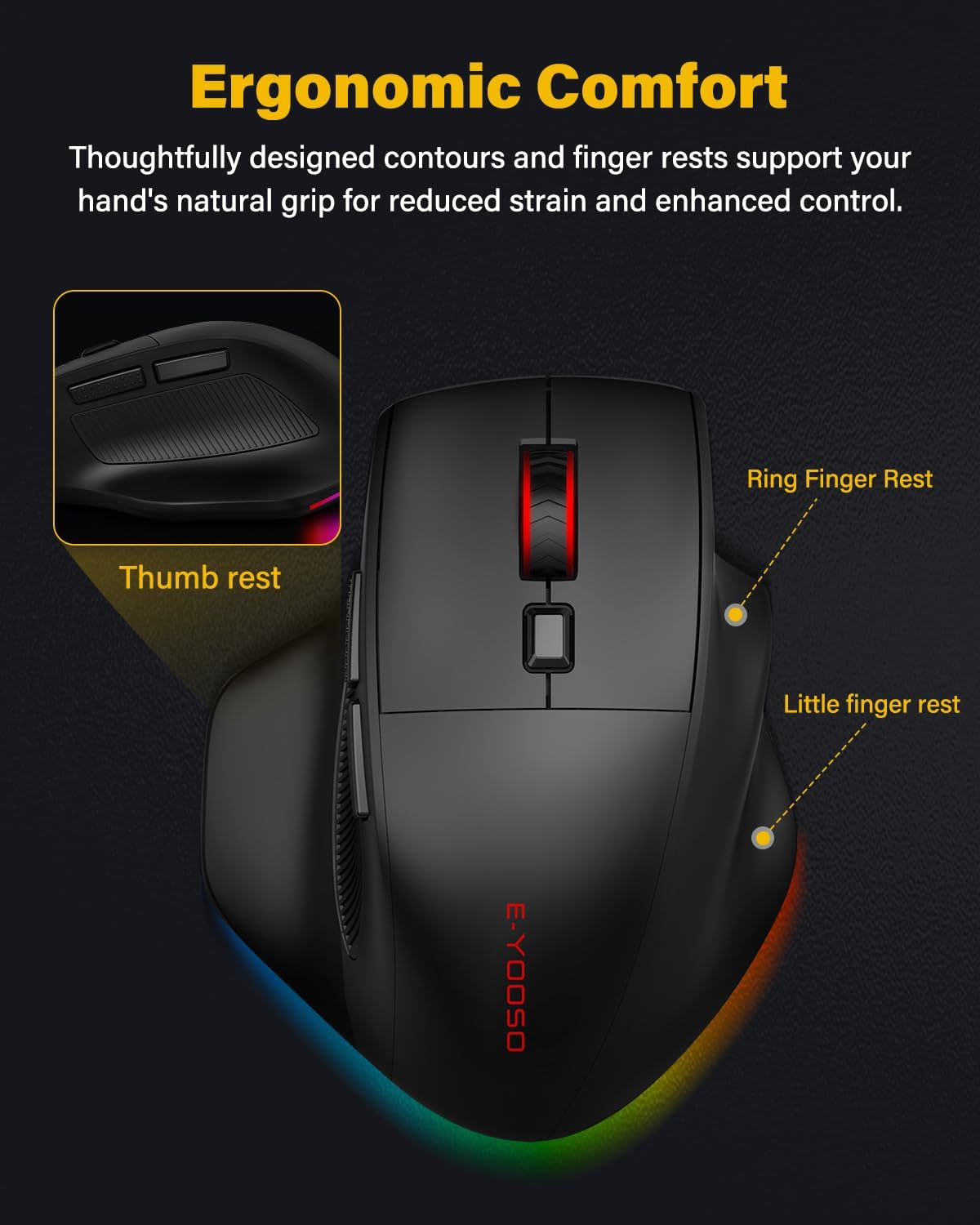 E-YOOSO X54 Rechargeable Ergonomic Wireless Bluetooth Wired Mouse | 1000mAH Big Battery,1K Polling,12K DPI,M/Large Hand,Quiet Clicks,RGB Lights,Mice for Laptop/Computer/PC/Macbook/Office/Gaming