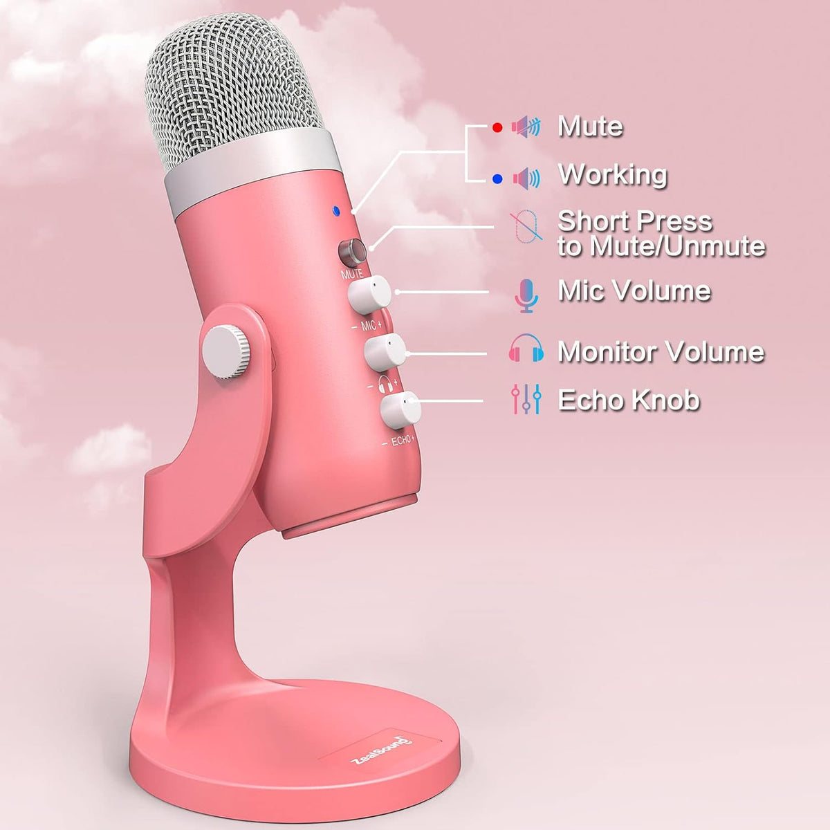 ZealSound Podcast Microphone for iPhone PC & Mac, Noise Cancellation USB Mic with Volume, Mute & Echo Control, Zero-Latency Monitoring, for ASMR, Podcasting, Vocal Recording & Voice-Over - K66 Pink