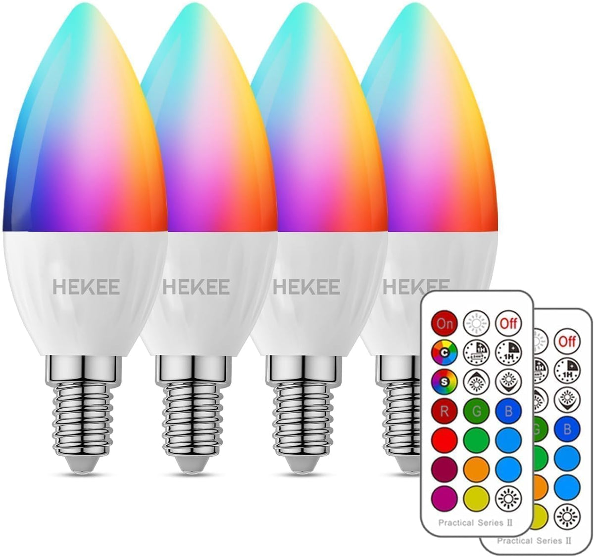 HEKEE E12 Candelabra Light Bulbs, 120V Color Changing Bulb with Remote, Plug-in Only, E12 Base, 12 RGB+2700K Warm White, 40W Equiv (5W), 450LM, Timer, 2 Modes, for Chandelier/Ceiling Fan, 4 Pack