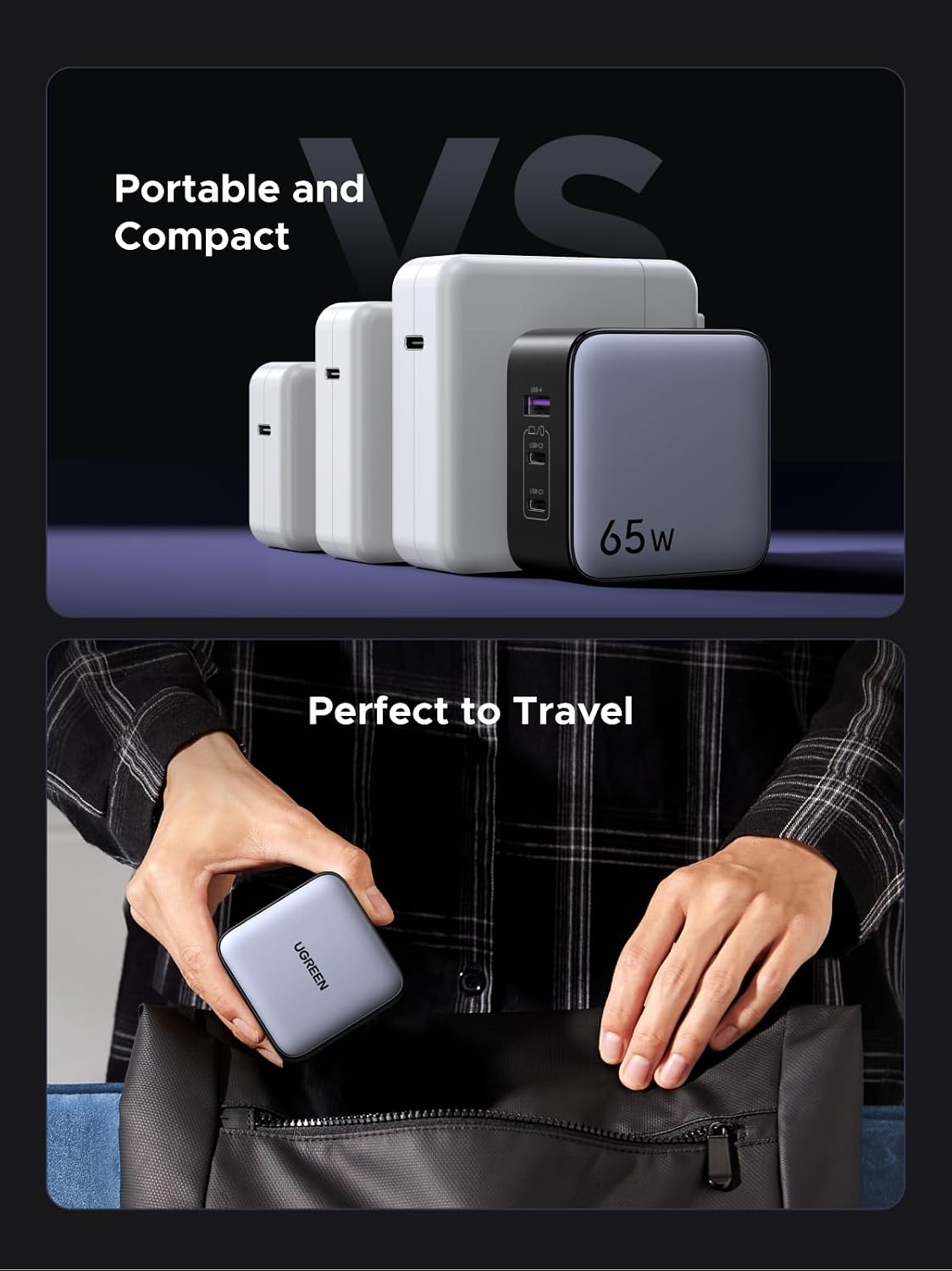 UGREEN 65W USB C Travel Adapter, Foladable Fast GaN Charger with US/UK/EU 3 Plugs, 3-Port International Power Adapter for MacBook Air/Pro, Dell XPS, iPhone 17/16/15, iPad, Galaxy S25/S24, Steam Deck