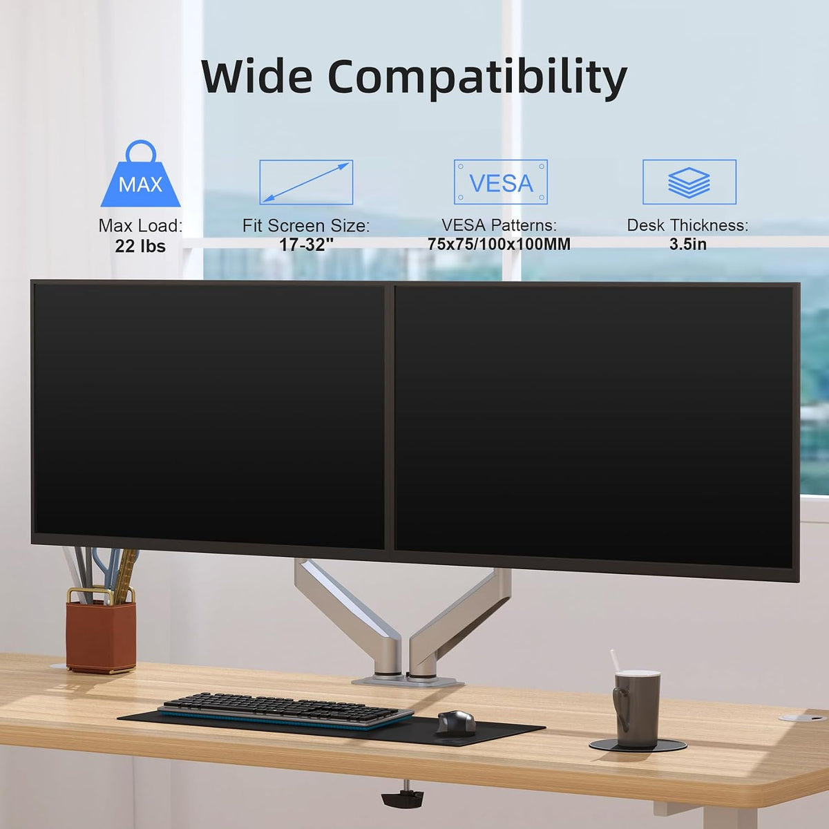 Suptek Dual Monitor Mount Stand-Height Adjustable Gas Spring Monitor Arm Desk Mount for 2 Computer Screens 17 to 32 inches - Each Arm Holds up to 22lbs,Silver(MD8SPS)