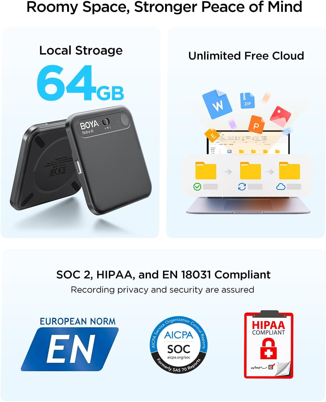 BOYA Notra AI Voice Recorder,3-Mode Capture -Ambient/Phone Call/Bluetooth, AI Transcription&Smart Summary, Support 140+ Languages, 64GB Storage, Magnetic Note Taker for Meetings,Lectures,Interviews