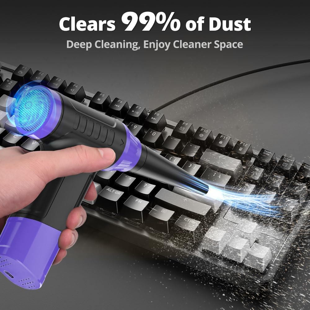 Compressed Air Duster Keyboard Cleaner, Electric Air Blower (Purple) | Cleaning Kit 150,000 RPM Mini Duster Spray for Dusting PC, Car, and Vacuum