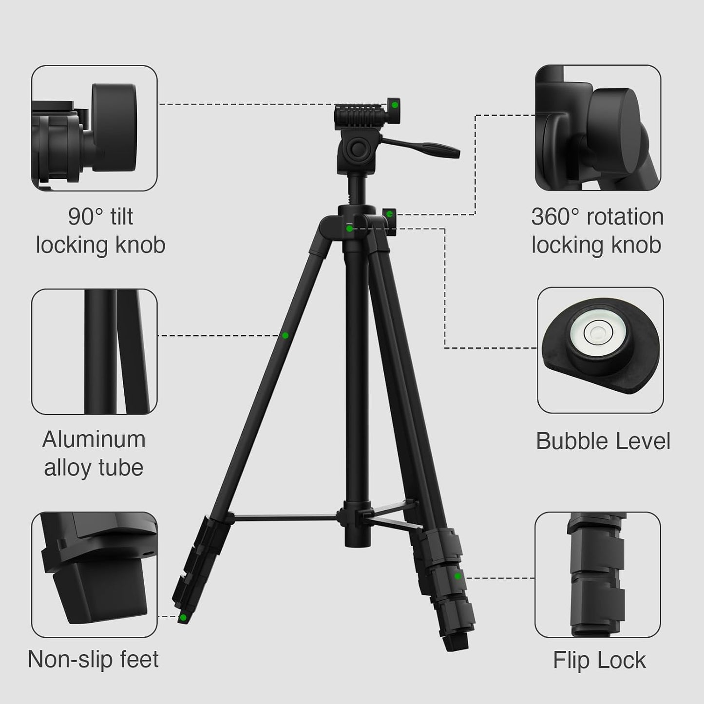 55" Aluminum Tripod for Laser Level, Bubble Level, 1/4" QR Plate, Compact | 18"-55", 1.2lb, 3D Pan Head. Flip Lock, Rubber Feet, Carry Bag, 1/4"-20 Mount Fits Most Laser Measuring Tools, for Indoor Use