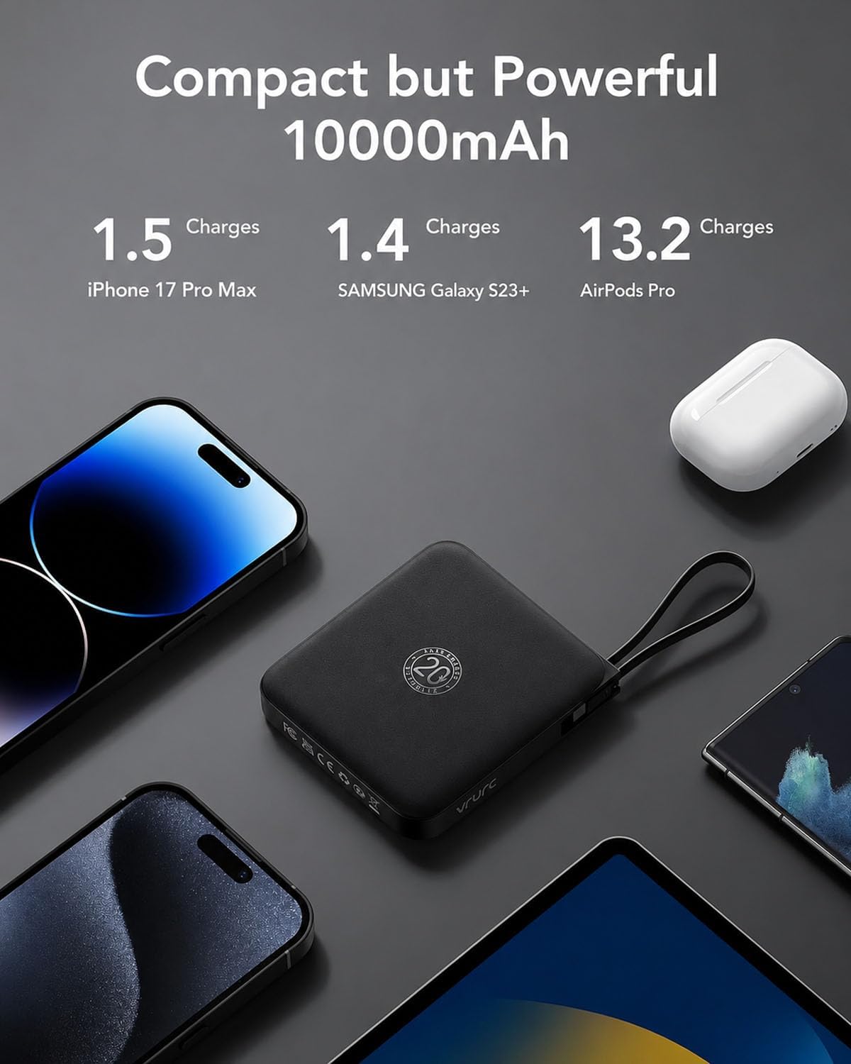 VRURC Portable Charger with Built-in Cables, 10000mAh 22.5W Fast Charging USB C Power Bank with LED Digital Display, Slim Battery Pack for iPhone 17/16/15 &amp; Samsung Galaxy &amp; Android Phones (Black)