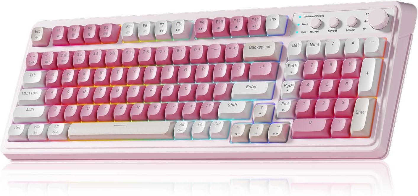 AULA 99 Key Keyboard, Wireless Pink Gaming Keyboard Creamy with Number Pad | Membrane Keyboard,RGB Backlit,Tri-Mode BT/2.4GHz/USB-C,2000mAh Rechargeable Thocky Clicky Creamy Sound Computer Keyboards