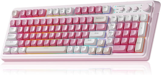 AULA 99 Key Keyboard, Wireless Pink Gaming Keyboard Creamy with Number Pad | Membrane Keyboard,RGB Backlit,Tri-Mode BT/2.4GHz/USB-C,2000mAh Rechargeable Thocky Clicky Creamy Sound Computer Keyboards