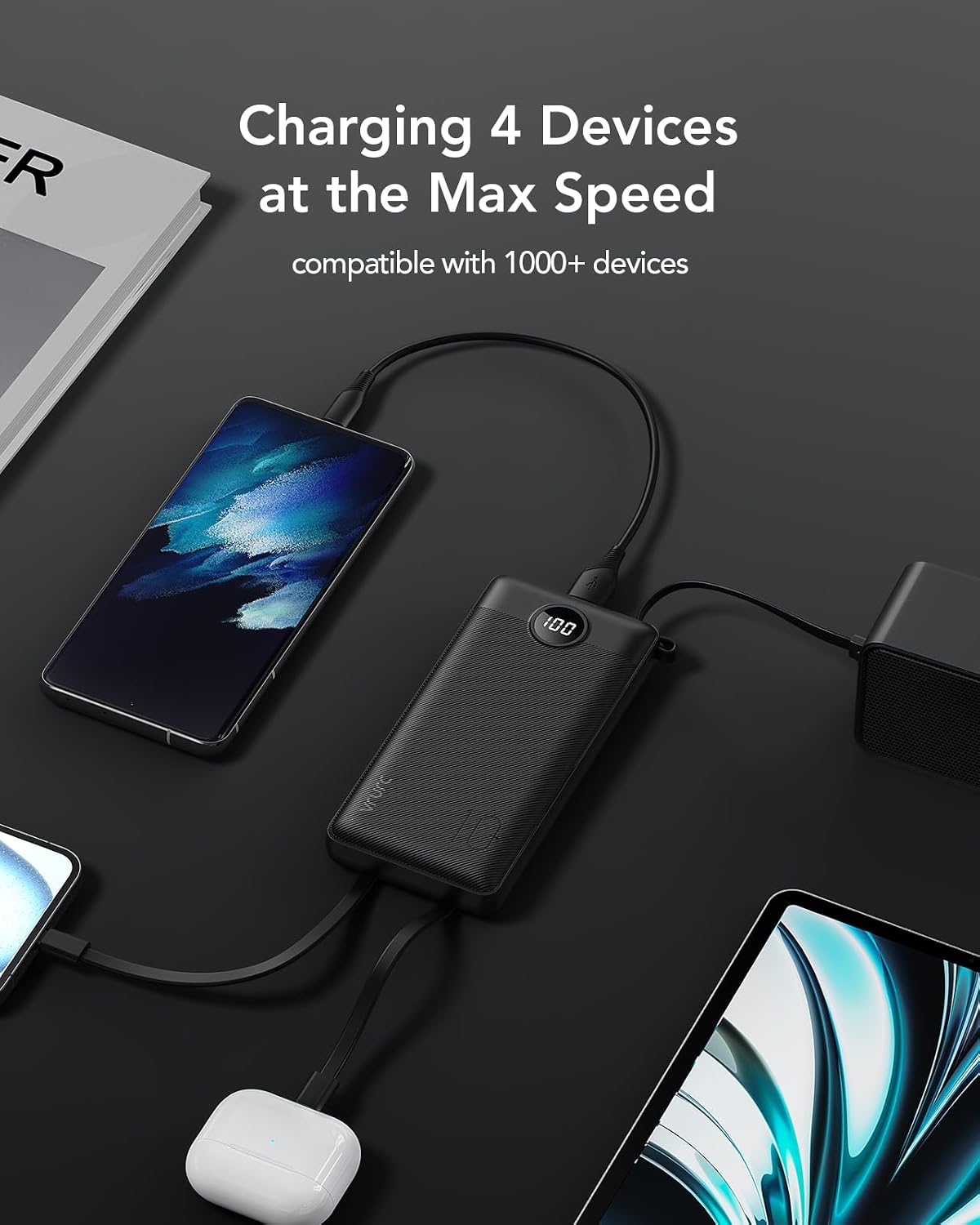 VRURC Portable Charger, 20W PD Fast Charging Power Bank Built in 4 Cables | 10000mAh Compact Portable Phone Charger, 5 Outpputs USB C Battery Pack for iPhone, Samsung & Multi Devices-Black(1 Pack)