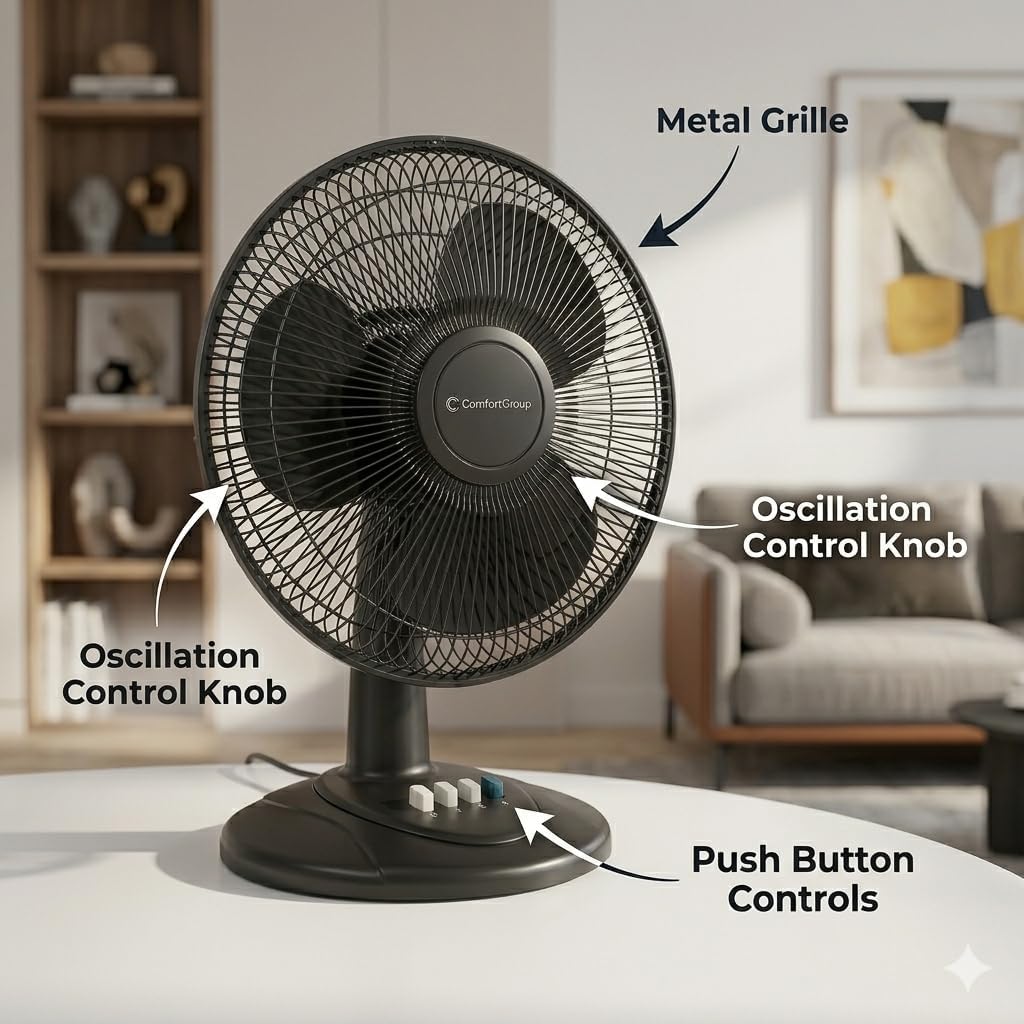 Comfort Zone Oscillating Table Fan with Adjustable Tilt, Convenient Push Button Controls, Quiet, 12 inch, 3 Speed, Desk Fan, Airflow 7.25 ft/sec, Ideal for Home, Bedroom, Dorm & Office, CZ121BK