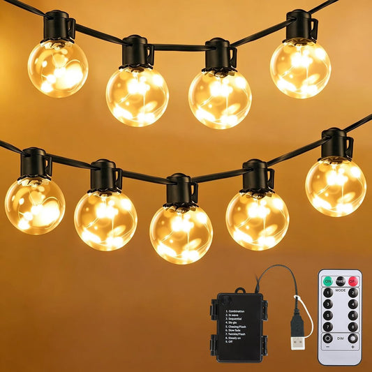 30ft Outdoor String Lights Battery Powered, 20 G40 LED Patio Bulbs | Warm White,Dimmable,Remote,Timer,IP65 Waterproof Hanging Globe Bulb Shatterproof for Backyard Balcony Bistro Christmas Decor