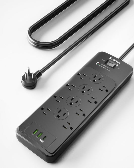 PLUGTUL Surge Protector Power Strip 15FT | Black Surge Protector with 12 Outlets - Spacious Design for Large Plugs, Flat Plug, 4080J, 20W USB C Charging, ETL Listed