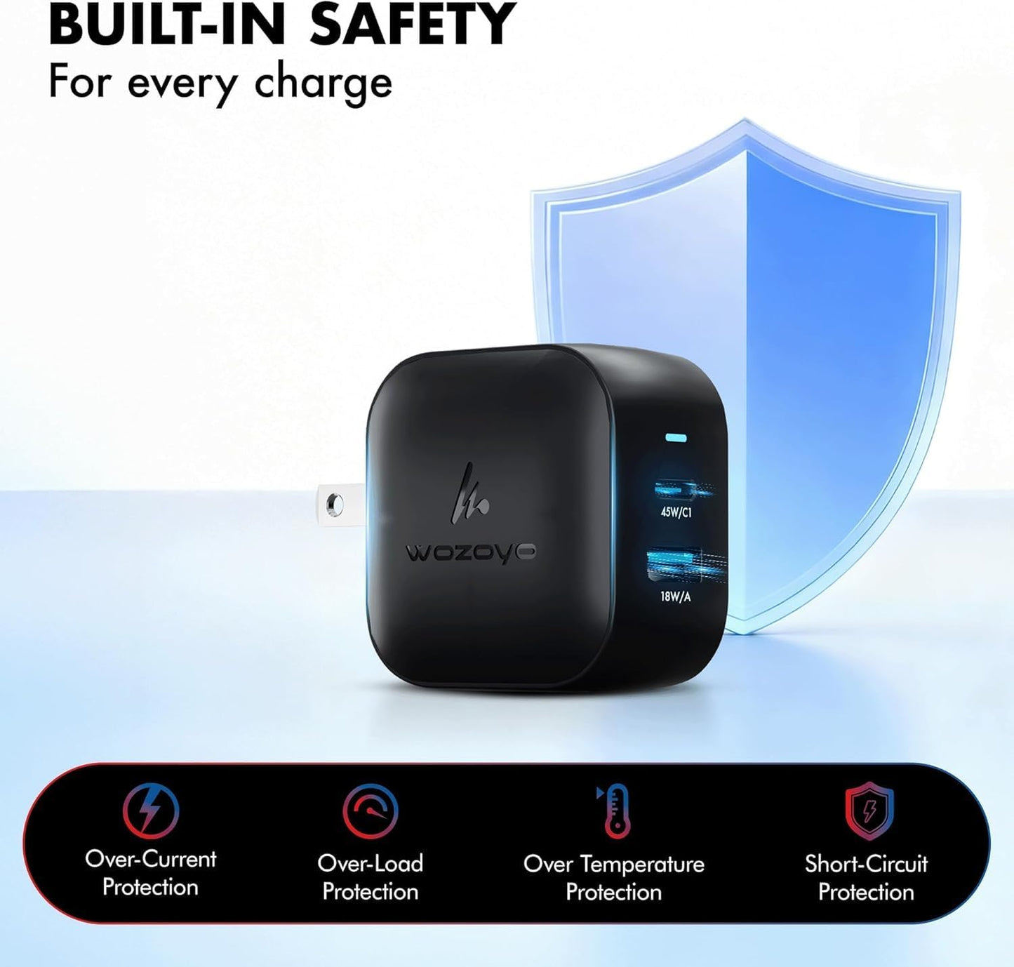 48W GaN Charger Wozoyo Type-C & USB-A Superfast 2.0 Charging, Compatible for iPhone 17/16/16 Pro Max/15 Series/iPad Pro, Smartphones, Tablets and More, PD/PPS/QC 3.0,Compact Foldable Plug
