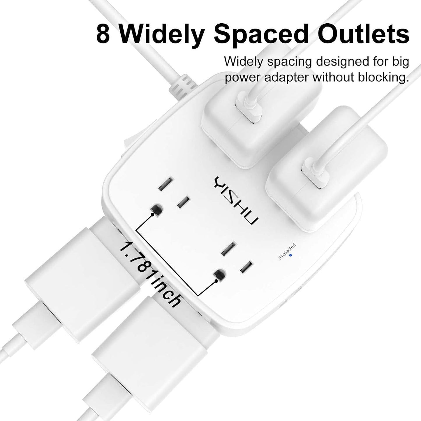 6 Ft Surge Protector Power Strip - 8 Widely Outlets with 4 USB Ports, 3 Side Outlet Extender with 6 Feet Extension Cord, Flat Plug, Wall Mount, Desk USB Charging Station, ETL,White