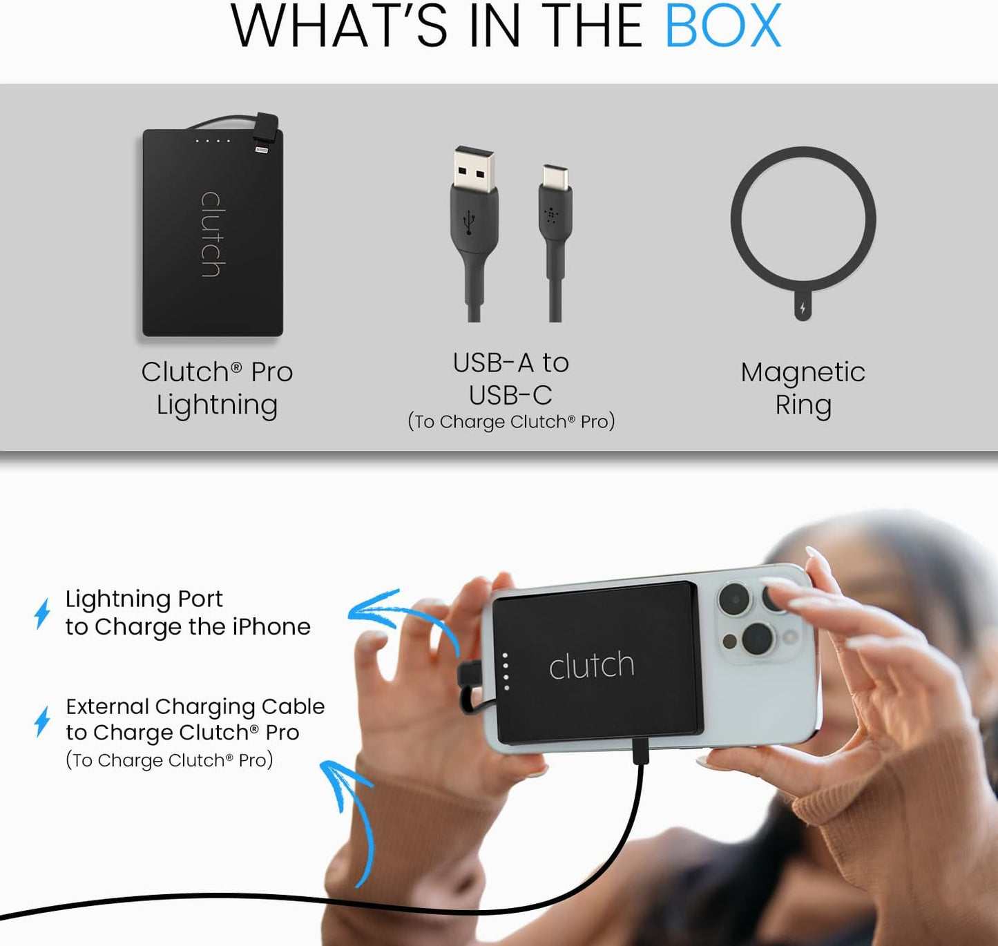 Clutch Pro – World's Thinnest iPhone Charger – Portable Power Bank 5000mAh – Magnetic Built-in Lightning Cable – TSA Approved Travel Charger – iPhone 14 & Earlier – Black