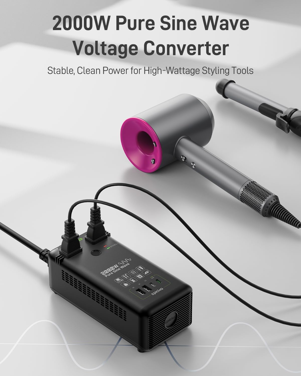 EPICKA 2000W Pure Sine Wave Voltage Converter, 220V to 110V | Universal Travel Plug Adapter for EU/UK/AU/JP, 20W PD Fast Charging, 2AC/2USB-A/2USB-C, Black