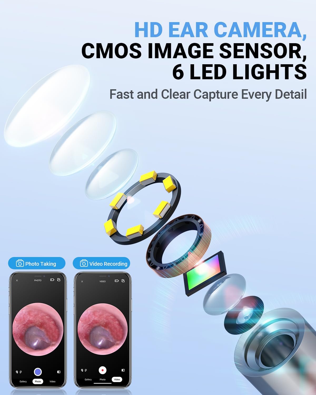 WiFi Otoscope, HD Otoscope Camera with Light, Ear Checker for Kids & Adults | Wireless Ear Scope, Compatible with iPhone & Android, 3.9mm Thin lens, 6 LED lights, Split-Screen View, Photo & Video Taking