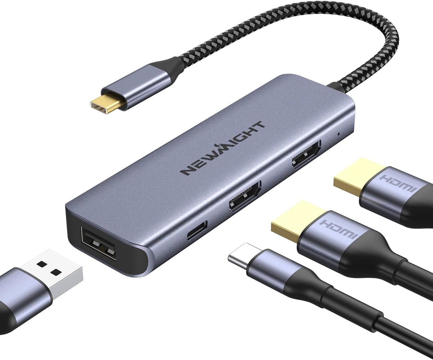 USB C Dual HDMI Adapter for 2 Monitors, Newmight 4-in-1 USB C to Dual Monitor HDMI Splitter, Supports Single 4K 60Hz and Dual 4K 30Hz, 100W PD, USB-A Port for MacBook, HP, Dell, iPhone 15/16 Series