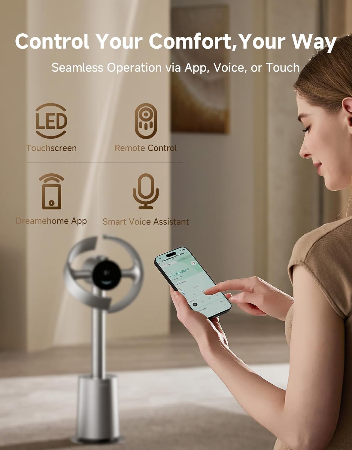 DREAME Bladeless Tower Fan for Bedroom, Smart Standing Fan with 270° Spatial Airflow for Whole-Room Circulation, 59ft/s High Velocity, 10 Speeds 3 Modes, Temperature-Adaptive Airflow, MF10-Silver