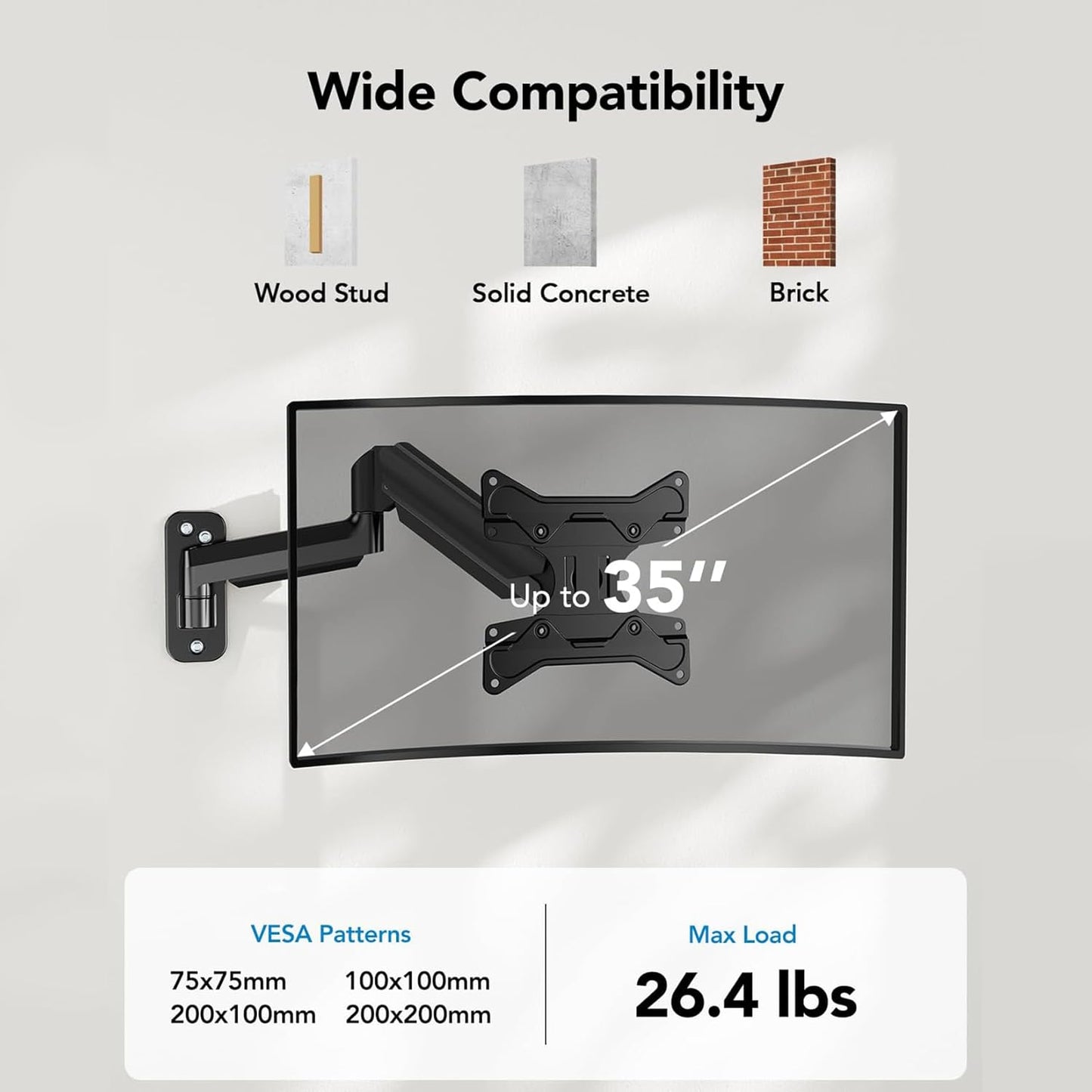 HUANUO Computer Monitor Wall Mount for 22"-35" Screens, Gaming Wall Mount Monitor Arm Holds up to 26.4lbs, Vesa Mount with Tilt, Swivel, Rotation, Supports 75x75mm, 100x100mm, 200x200mm, Black