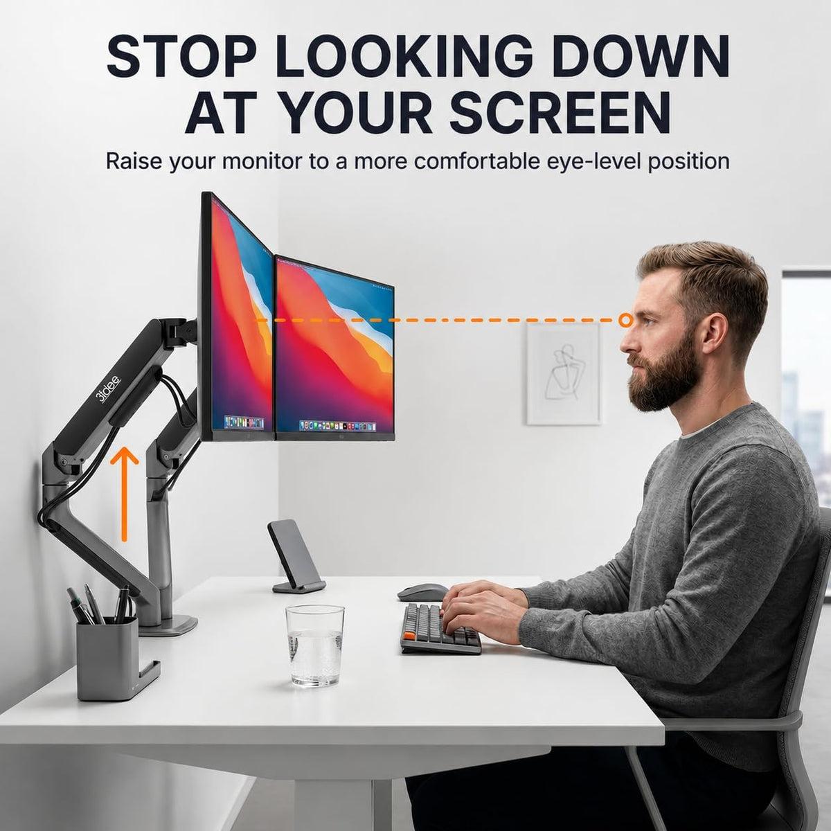3IDEE FlexiLite Dual Monitor Arm Desk Mount for 17-32" Screens, Holds up to 20 lbs per Monitor, Slim Aluminium Design, Fully Adjustable, Quick Box to Desk Setup, Clamp/Grommet Base, VESA 75/100