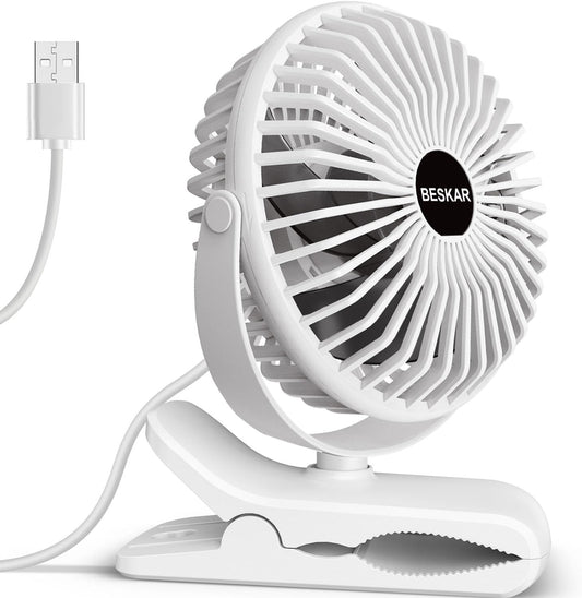 BESKAR USB Clip on Fan, Portable Small Desk Fan with Cord Powered | 3 Speeds Strong Airflow, Sturdy Clamp, Ultra Quiet Personal Cooling Fan for Office Dorm Bedroom Stroller