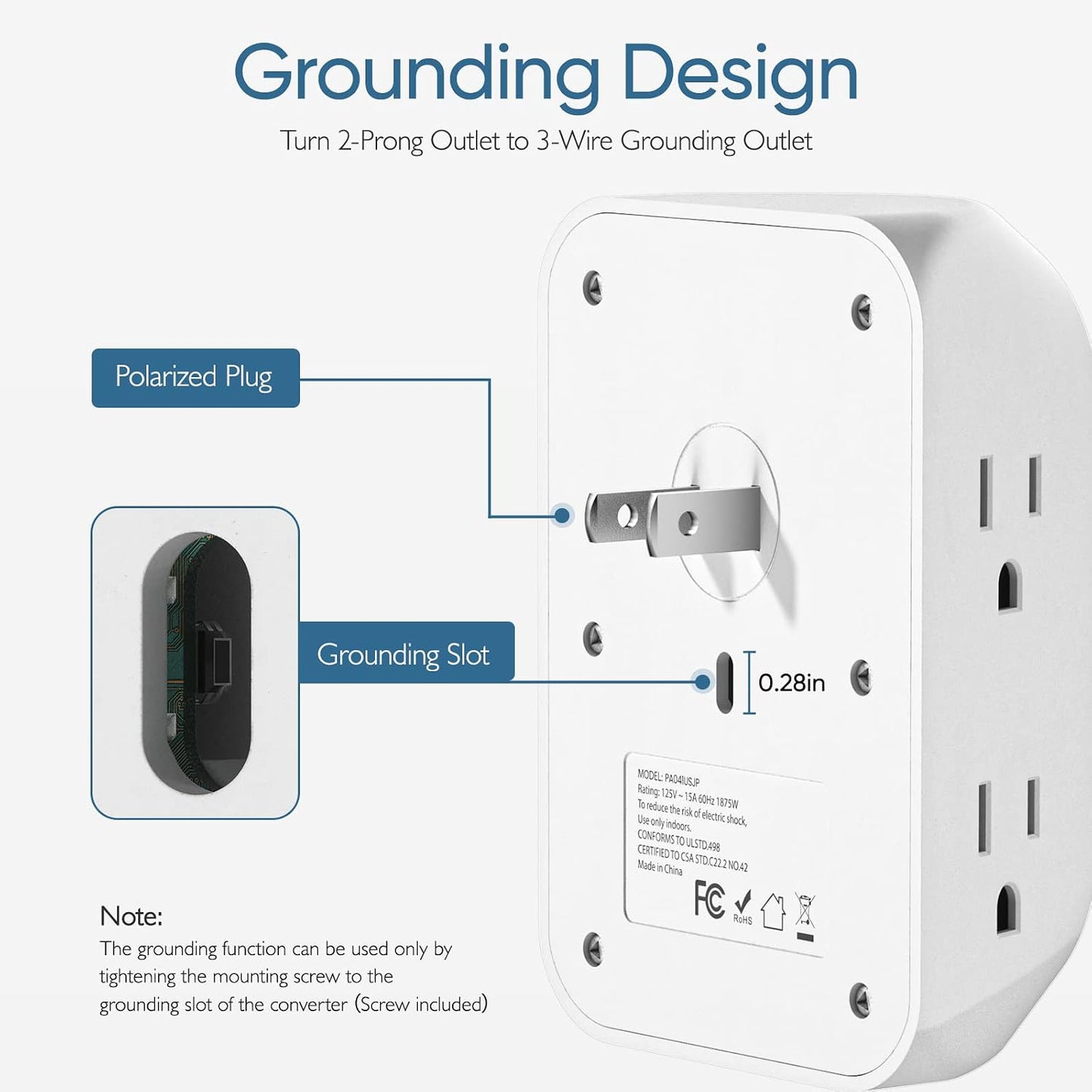 LENCENT 2 to 3 Prong Outlet Adapter, 3 to 2 Prong Grounding Adapter | Surge Protector, Multi Outlet Wall Plug with 6 Outlets, Power Socket Extender for Non Grounded Kitchen Office Older House