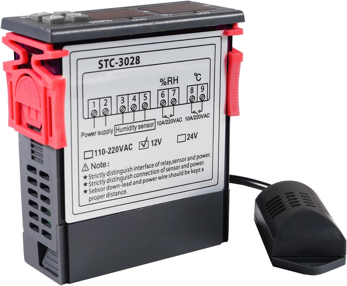 STC-3028 Temperature Controller 12V Temperature and Humidity Controller Meter with Integrated Sensor Dual Digital Display Thermometer Hygrometer Incubator Controller