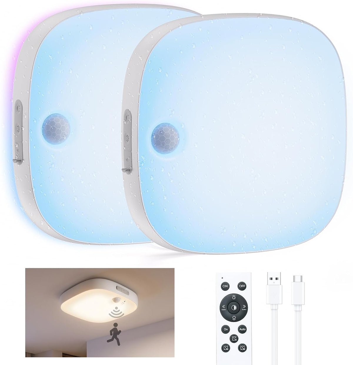 NARUNDREN 2 Pack IP65 Motion Sensor Shower Ceiling Light 10000mAh 18 Colors