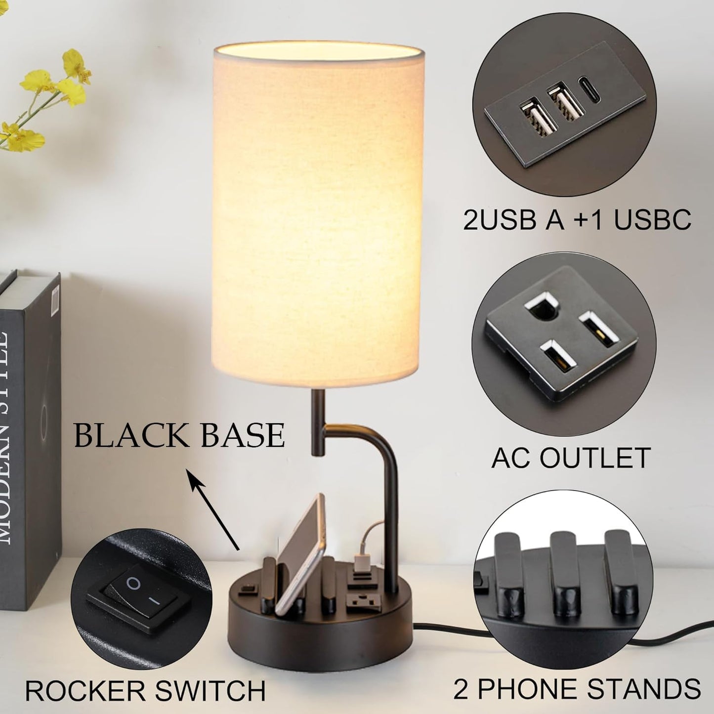 Dreamholder Table Lamp with 3 USB Charging Ports, Modern Desk Lamp with AC Outlet and Phone Stands, Perfect Bedside Lamp for Bedroom, Living Room, Office (Pack of 2), Cream