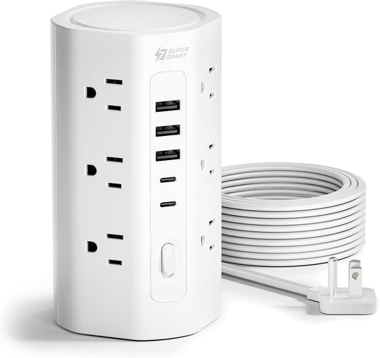 SUPERDANNY Tower Power Strip, 10Ft Extension Cord, 1700J, 12 AC 5 USB,White | 3 USB A, 2 USB C, Surge Protector Power Tower, Flat Plug, Desk Charging Station with Multiple Outlets, Home Office Dorm Room