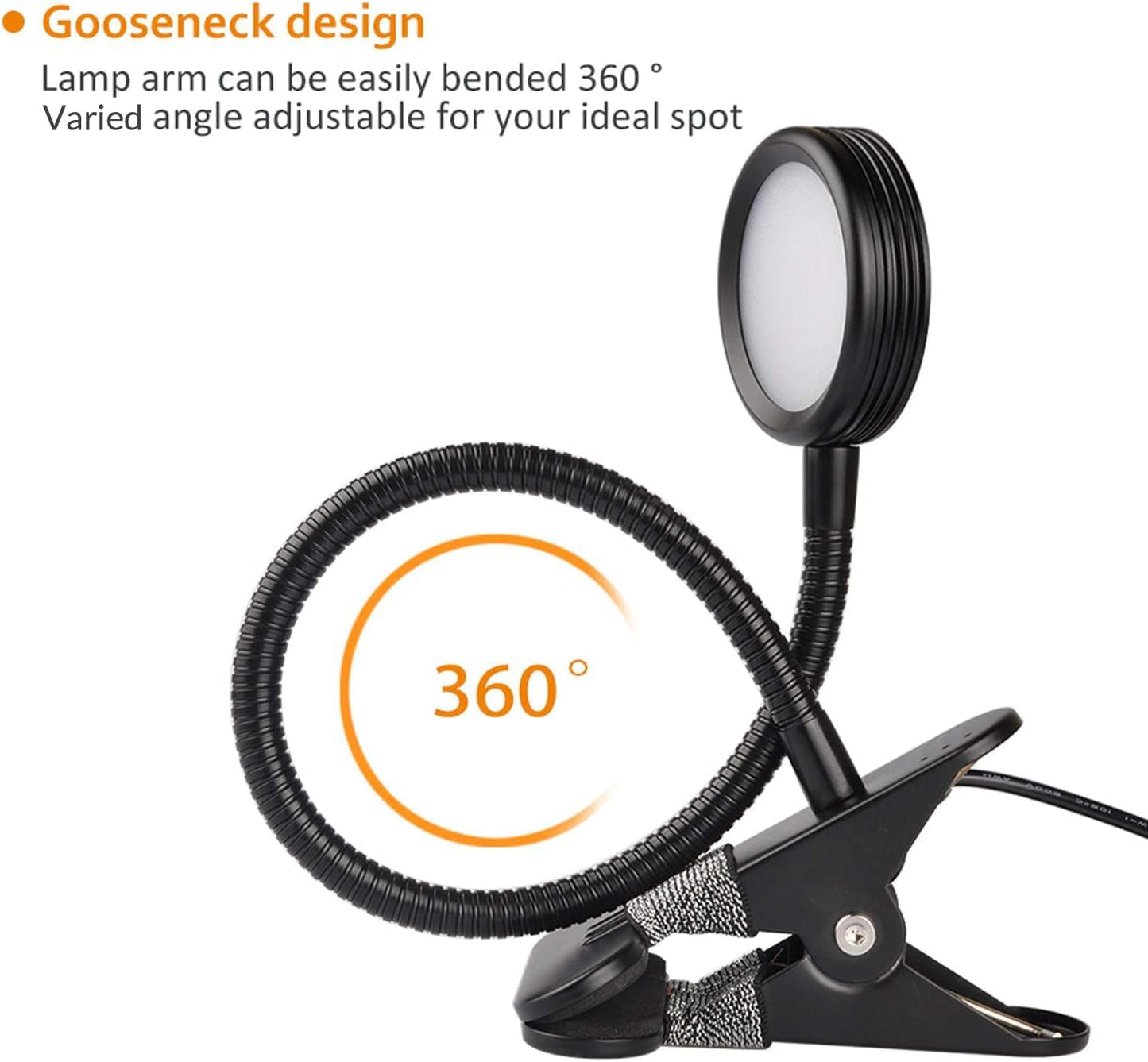 LEPOWER Clip on Light, Book Reading Lamp for Desk, Bed Headboard and Dorm | Adjustable Gooseneck, Color & Brightness Changeable, Adapter Included, LED Table Lamp for Computer, Bedside, Metal, Black