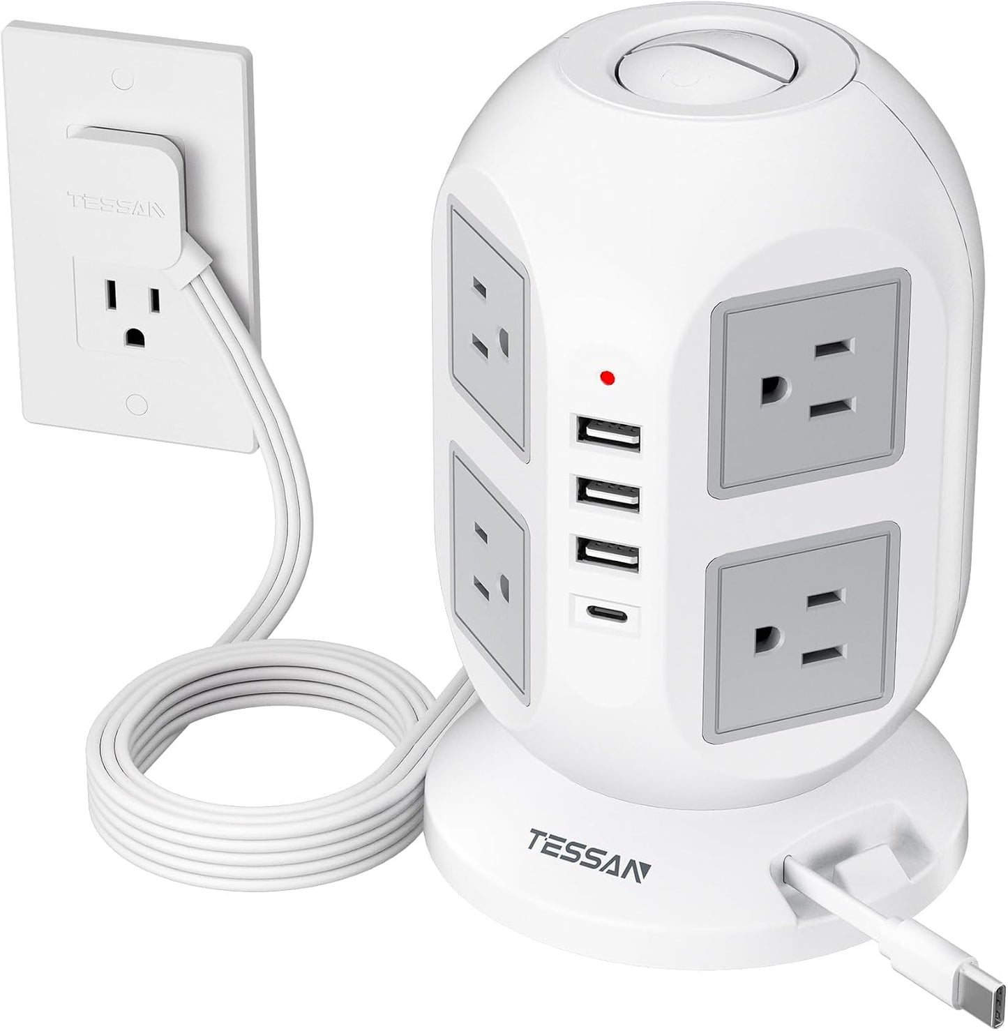 TESSAN Tower Surge Protector Power Strip, 10 ft Long Flat Extension Cord | 8 AC Outlets with 4 USB Ports (1 USB C), Charging Station with Surge Protection, for Home Office Dorm Room Essentials