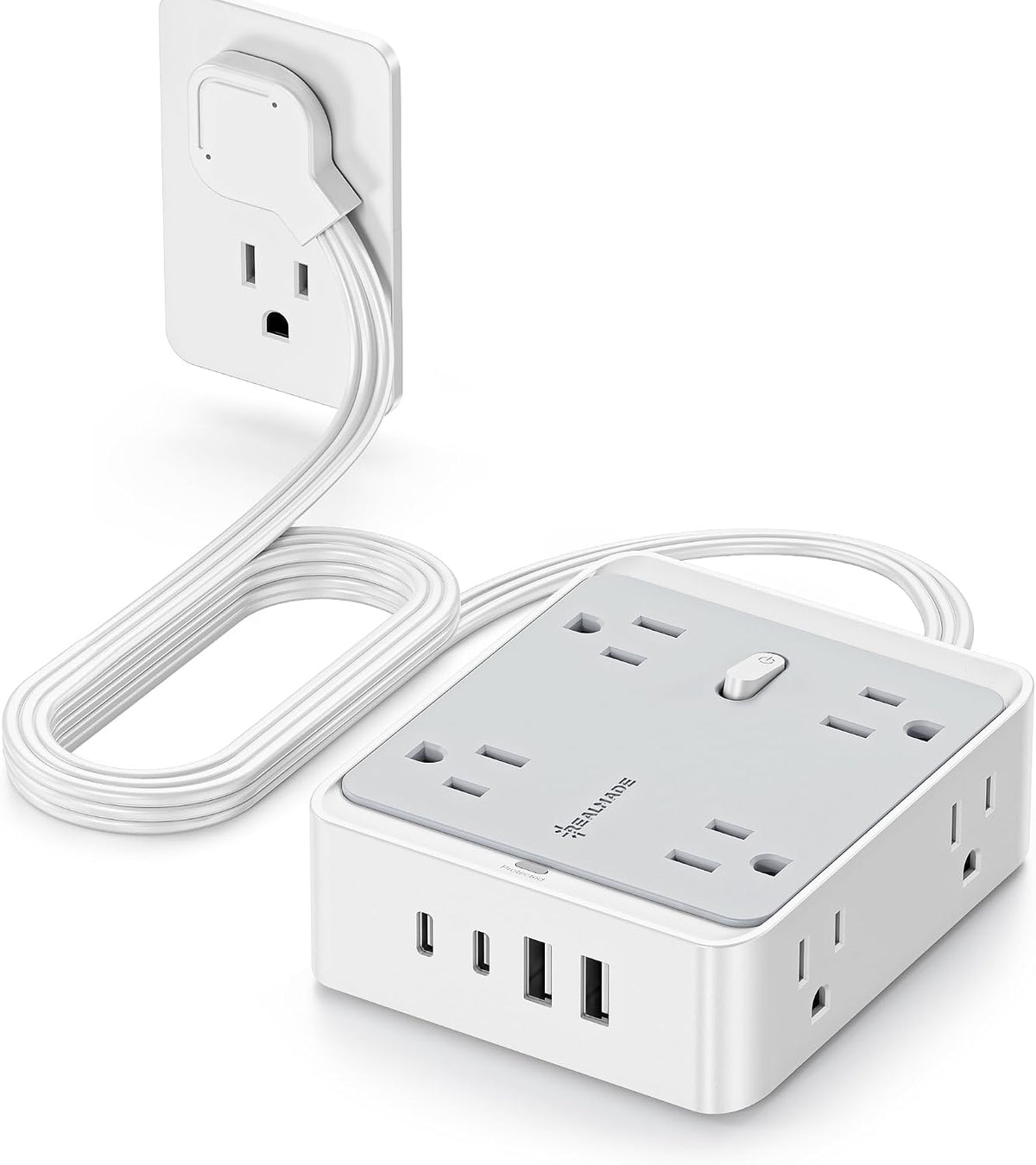 Surge Protector Power Strip, REALMADE 8 AC 4 UAB Power Strip with 950J Surge Protection, Flat Plug Outlet Extender, 10Ft Extension Cord, Wall Mount Desk Charging for Home Office， Gray & White