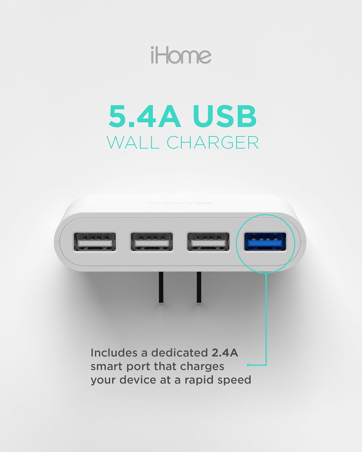 iHome Slim 4-Port USB Wall Charger, Flat Multiport Travel Plug Adapter | Foldable Prongs, 2.4A Rapid Charge Port, Charges iPhone, Android, iPad, AirPods, Travel-Friendly, Charging Block for Home Use
